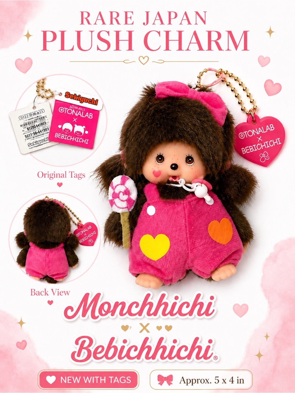 Rare Sekiguchi Monchhichi x OTONALAB Bebichhichi Plush Keychain Bag Charm NWT